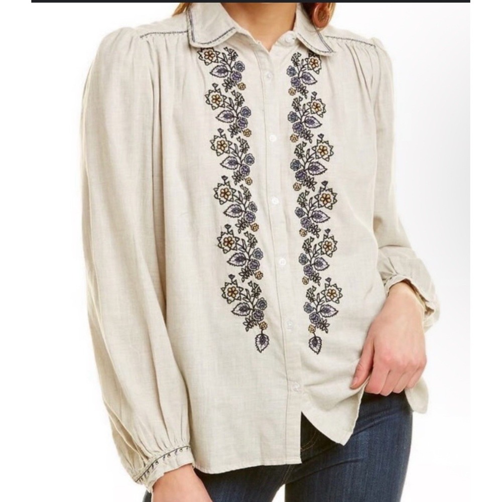 Max Studio Womens Embroidered Shirt Blouse Cotton Floral Prairie Cowgirl Boho LG